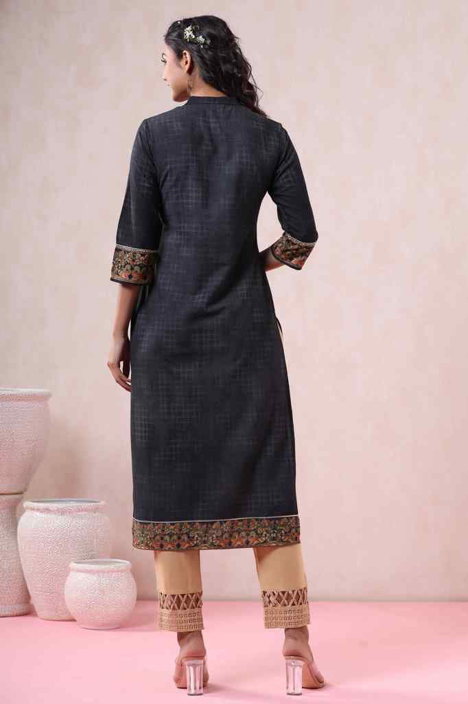 Juniper Black Liva Rayon Printed Straight Kurta - Distacart