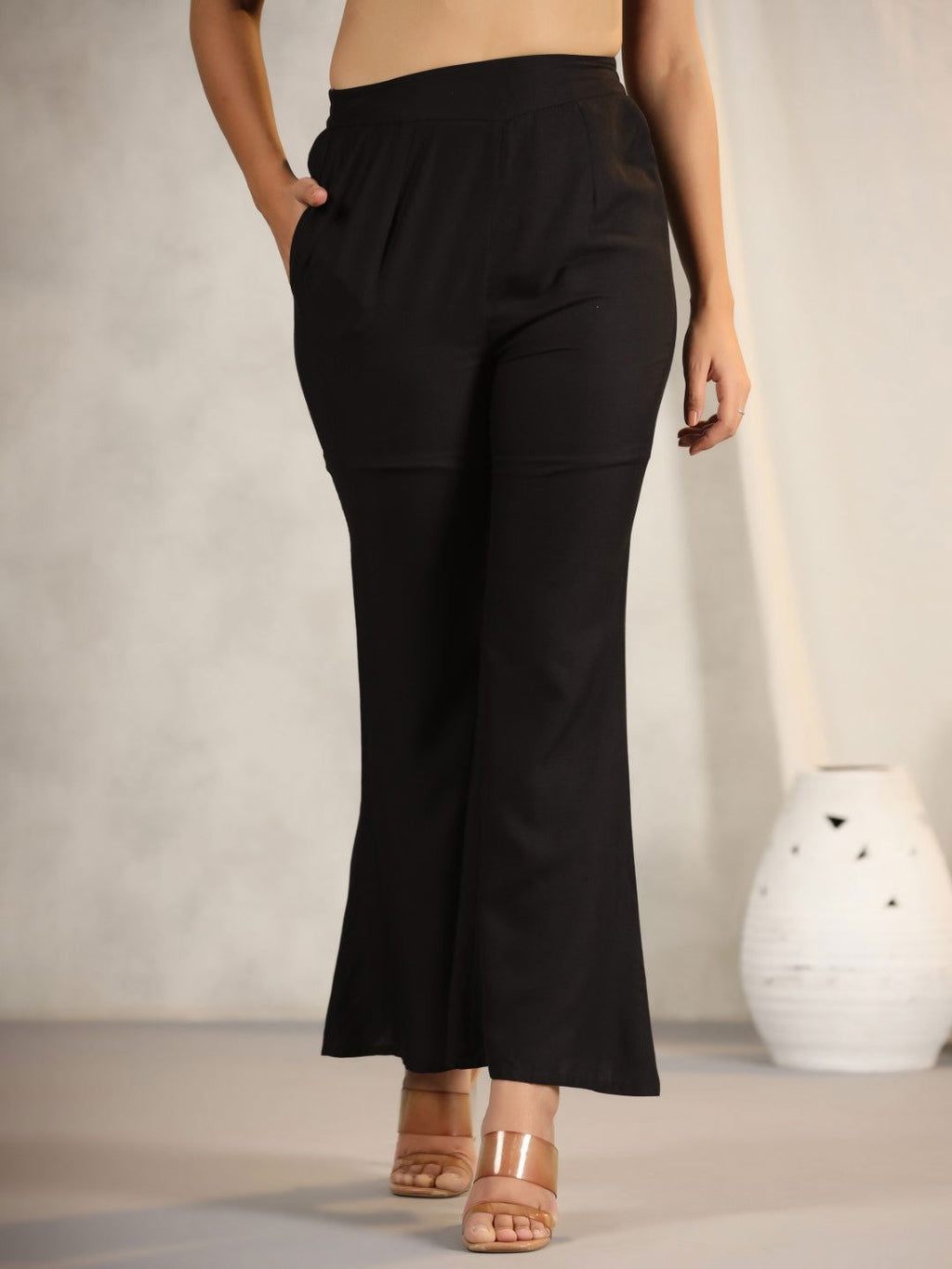 Juniper Women's Black Modal Rayon Women Partially Elasticated Bell Bottom Pants With Single Side Pocket