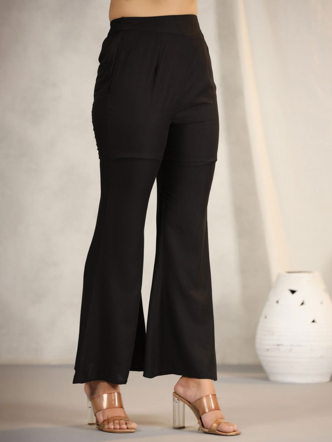 Juniper Women's Black Modal Rayon Women Partially Elasticated Bell Bottom Pants With Single Side Pocket