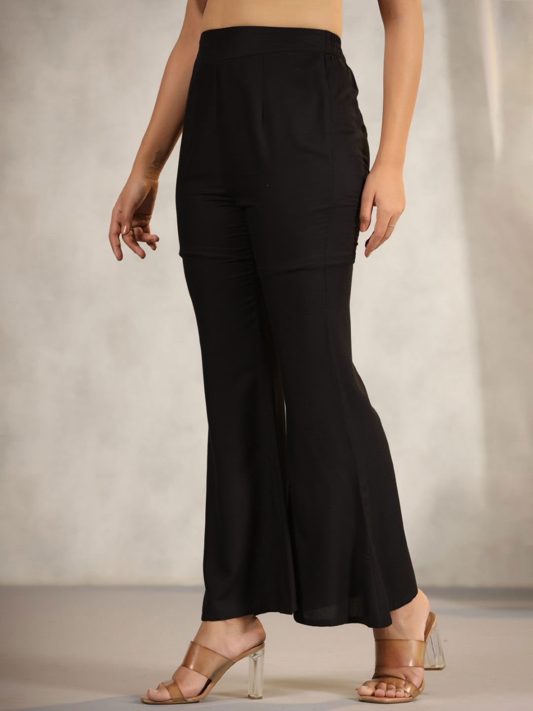 Juniper Women's Black Modal Rayon Women Partially Elasticated Bell Bottom Pants With Single Side Pocket