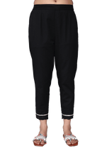 Juniper Black Solid Cotton Women Slim Fit Laced Pants With Single Side Pocket & Drawstring