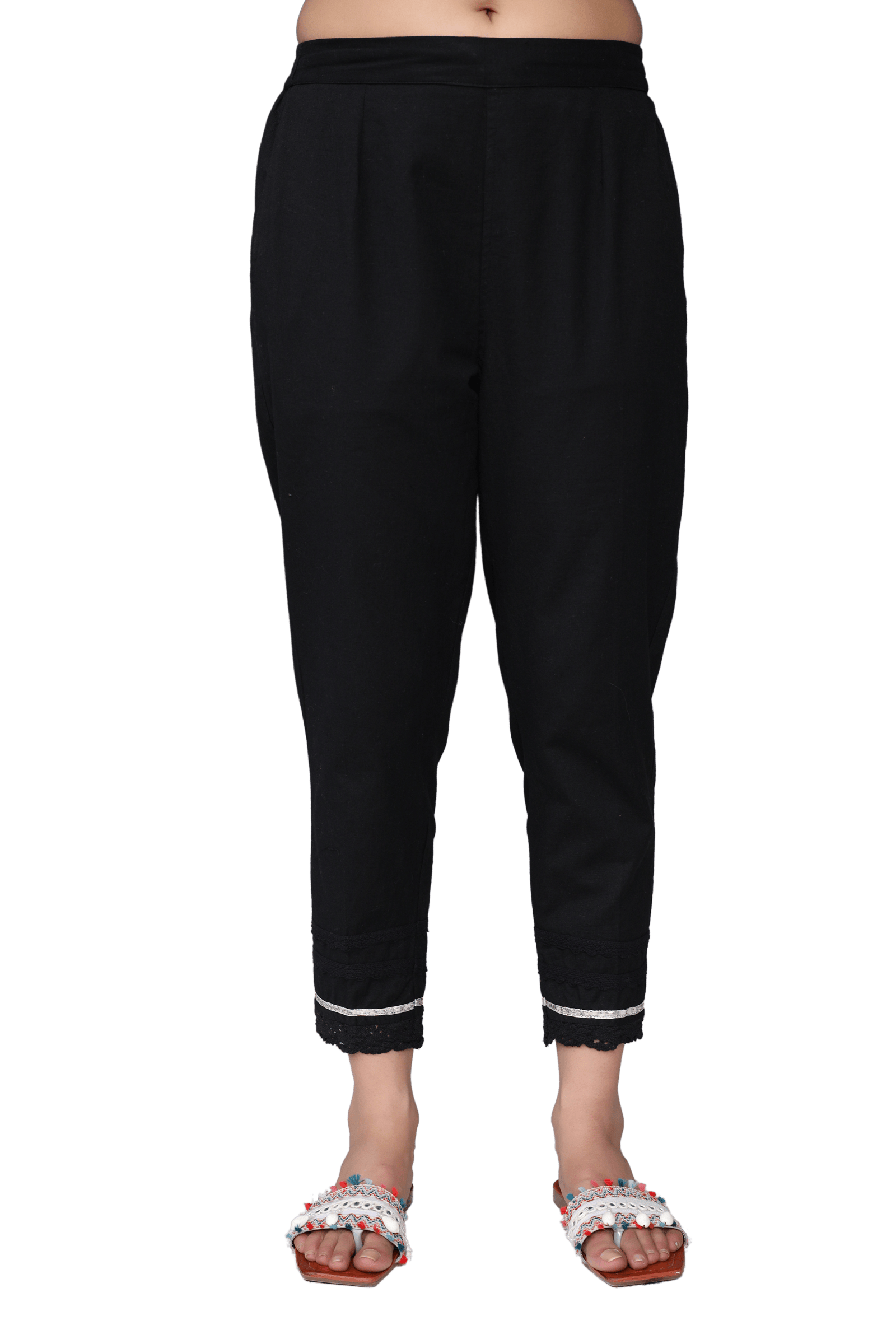 Juniper Black Solid Cotton Women Slim Fit Laced Pants With Single Side Pocket & Drawstring