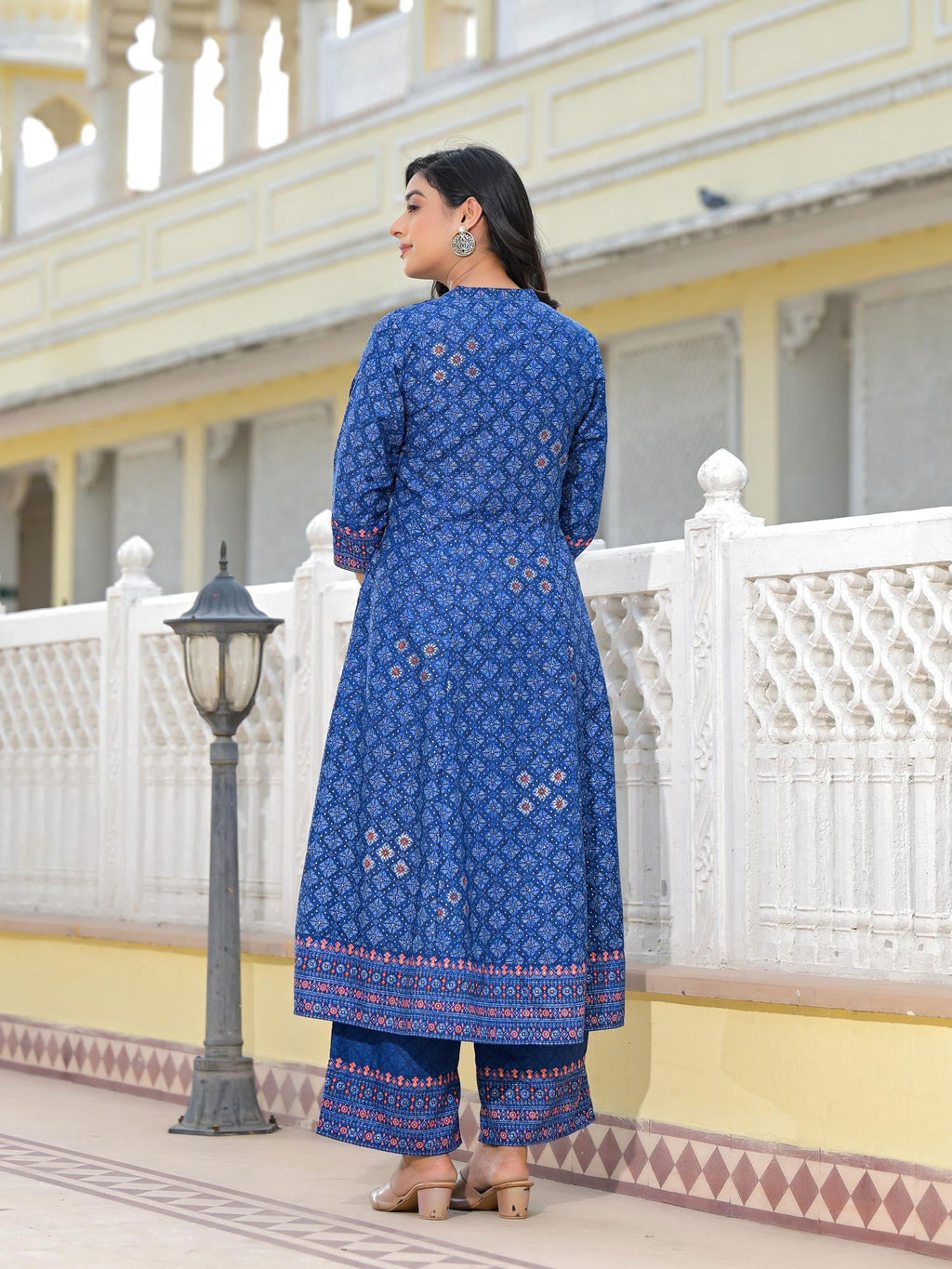 Juniper Blue Ethnic Motif Printed Cotton Kurta, Pant And Dupatta Set With Mirror Work - Distacart