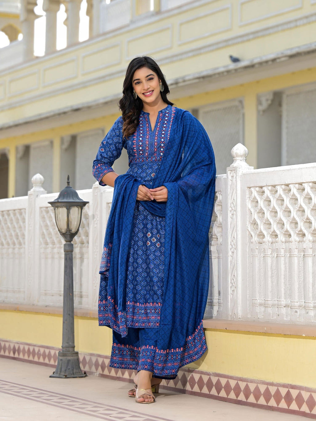 Juniper Blue Ethnic Motif Printed Cotton Kurta, Pant And Dupatta Set With Mirror Work - Distacart