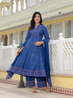 Juniper Blue Ethnic Motif Printed Cotton Kurta, Pant And Dupatta Set With Mirror Work - Distacart