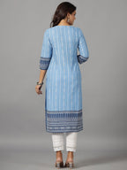Juniper Women's Blue Ethnic Motif Printed Rayon Slub Kurta With Beads & Sequins - Distacart