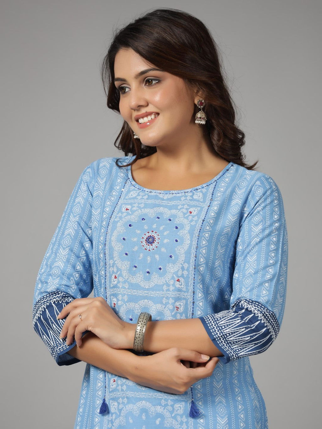 Juniper Women's Blue Ethnic Motif Printed Rayon Slub Kurta With Beads & Sequins - Distacart