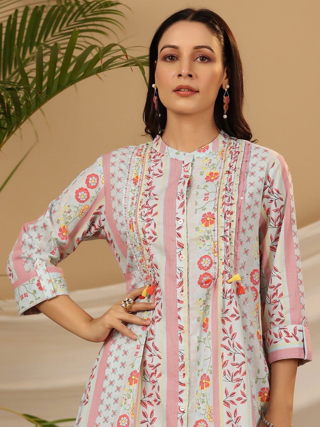 Juniper Blue Floral Printed Cotton Cambric Kurta With Sequins Work - Distacart
