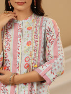 Juniper Blue Floral Printed Cotton Cambric Kurta With Sequins Work - Distacart
