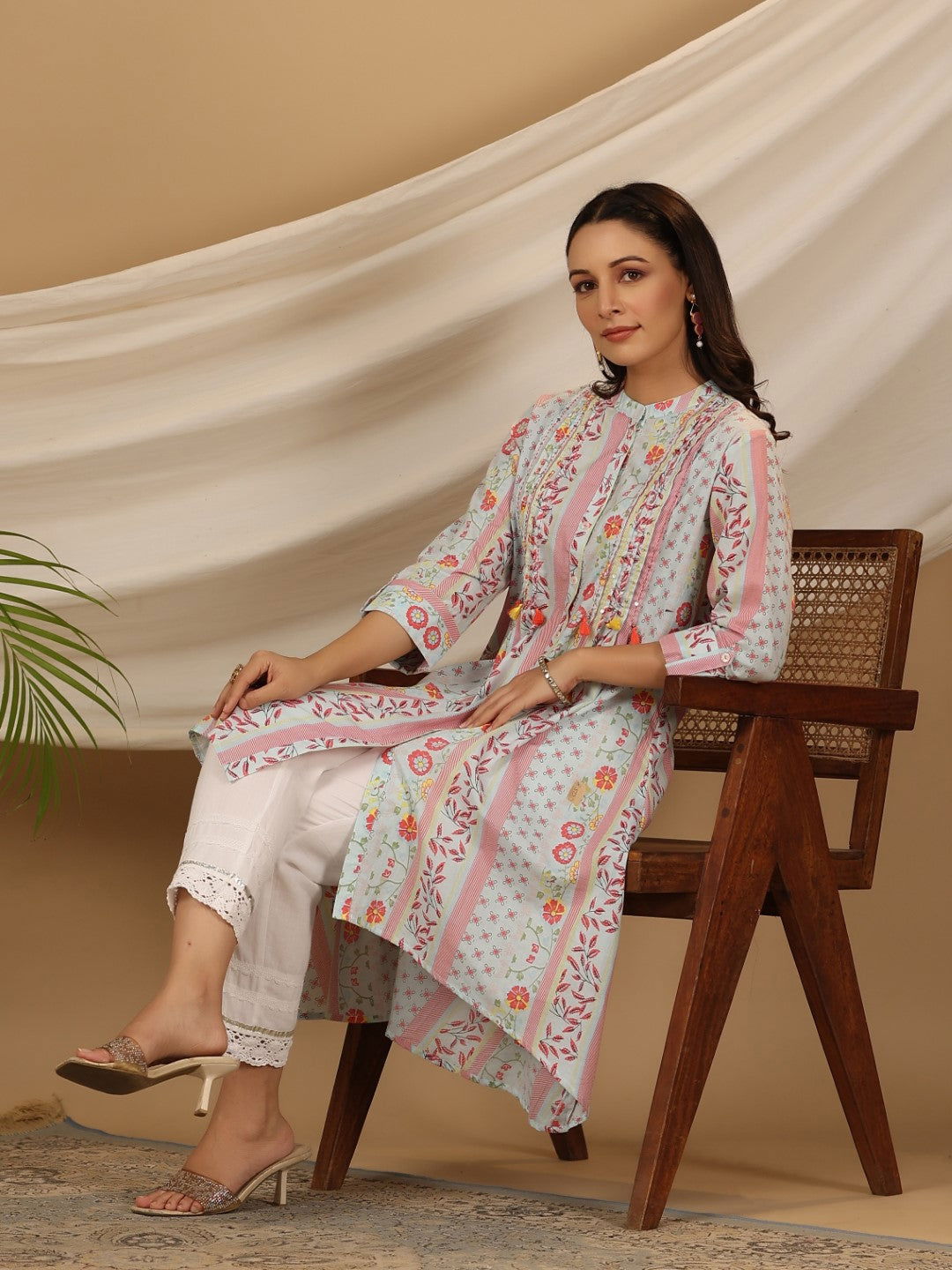 Juniper Blue Floral Printed Cotton Cambric Kurta With Sequins Work - Distacart