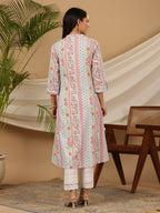 Juniper Blue Floral Printed Cotton Cambric Kurta With Sequins Work - Distacart