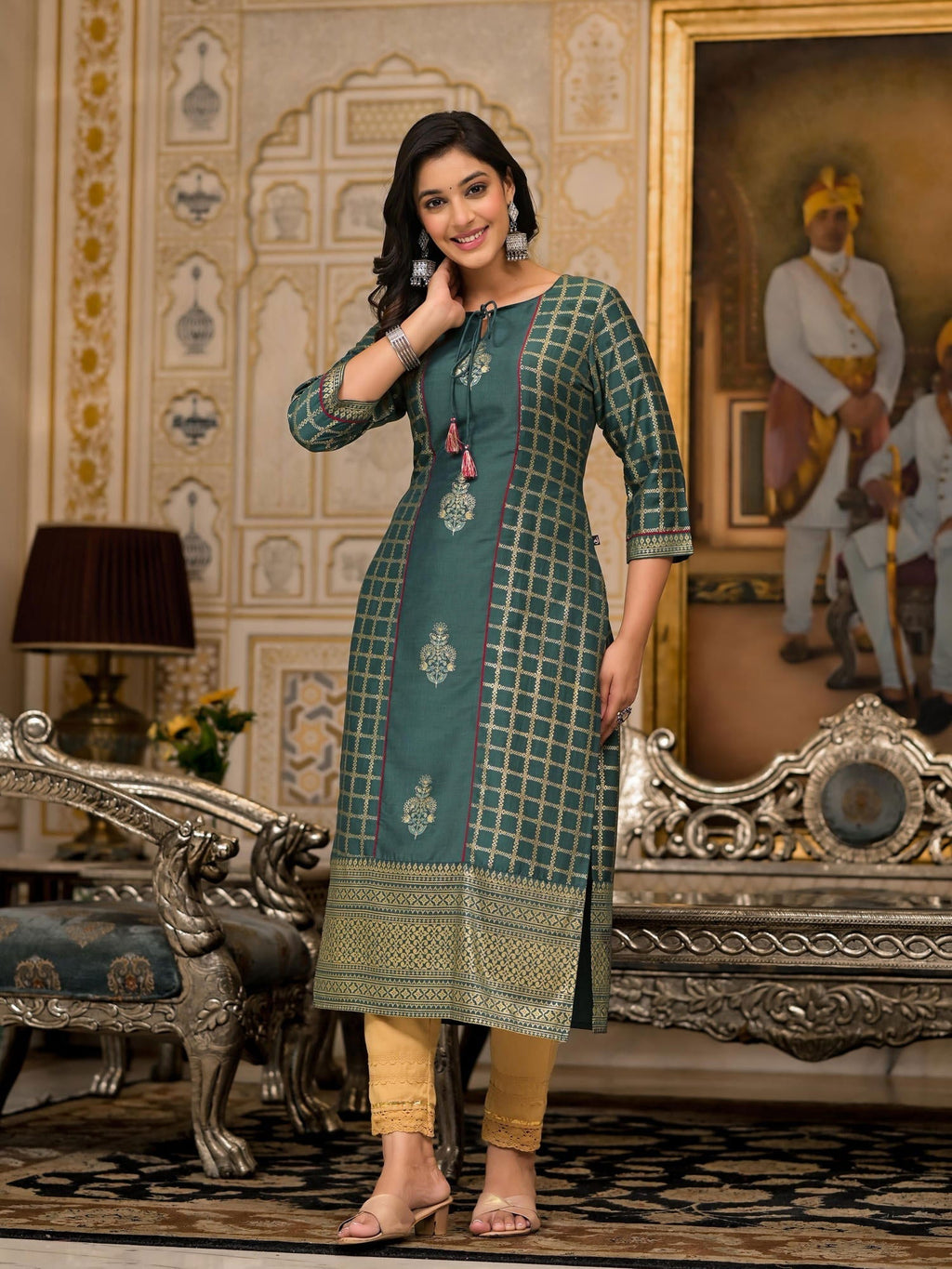 Juniper Bottle Green Ethnic Motif Printed Cotton Women Kurta With Dori Detail - Distacart