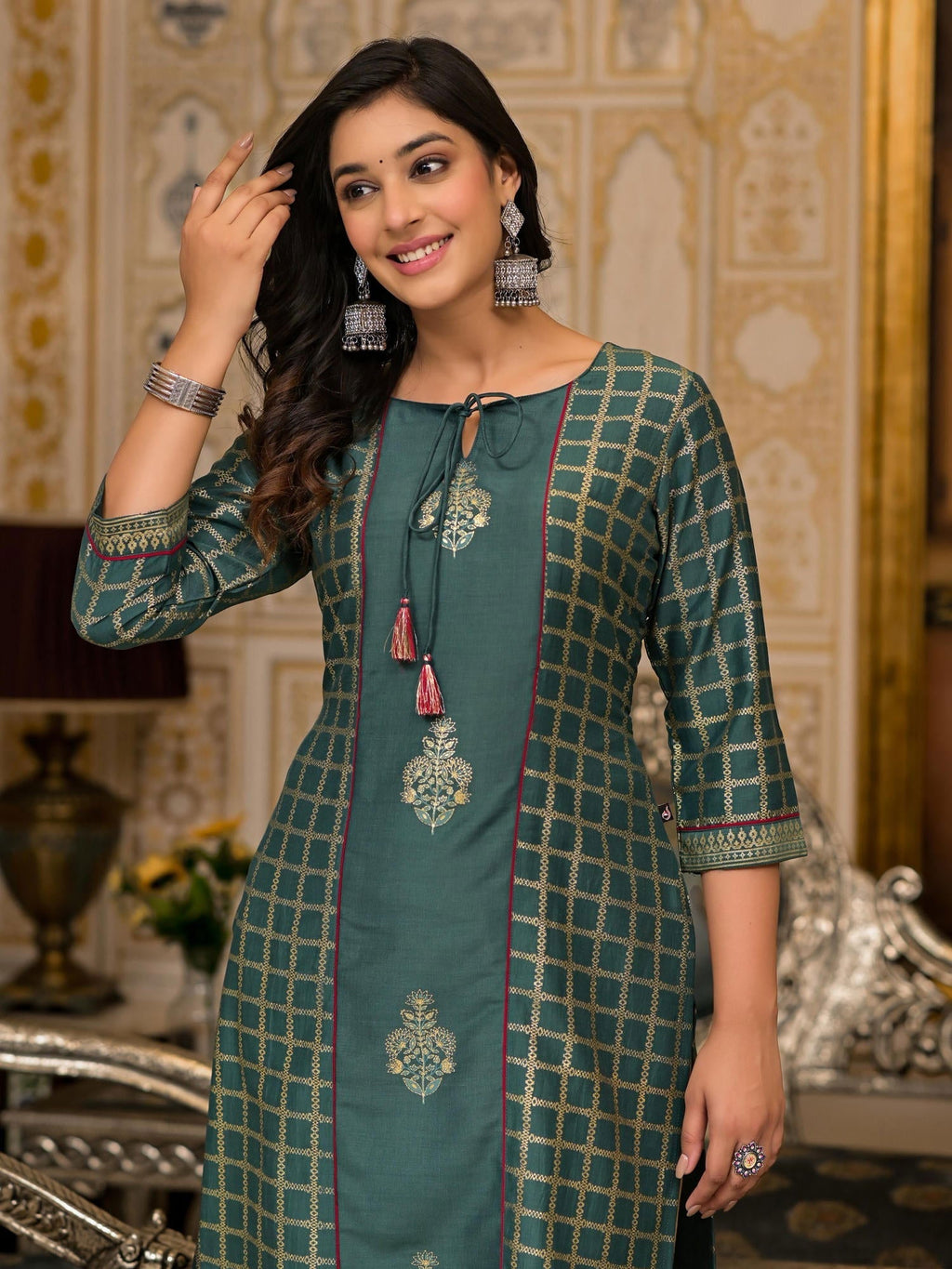 Juniper Bottle Green Ethnic Motif Printed Cotton Women Kurta With Dori Detail - Distacart