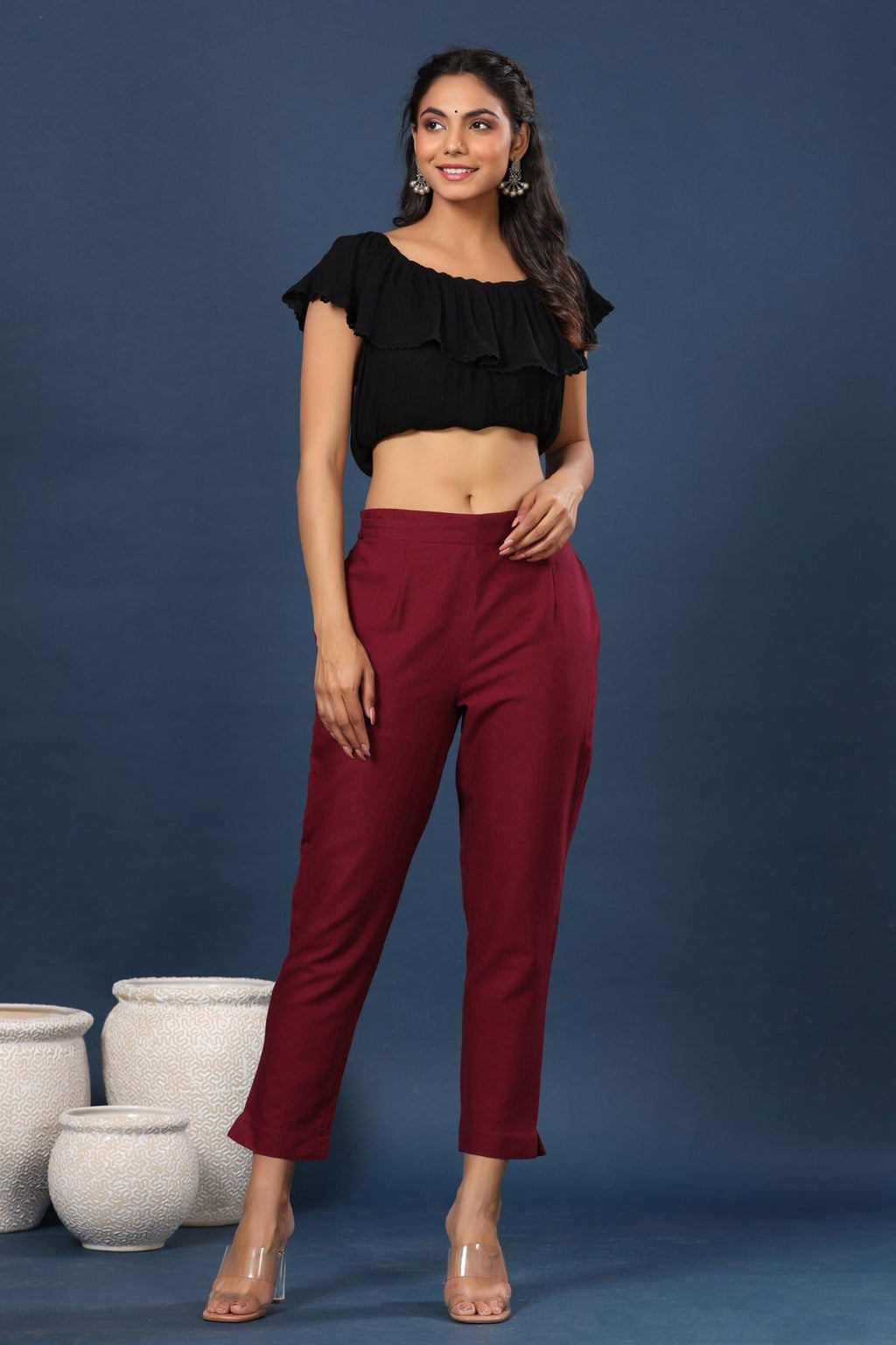 Juniper Burgundy Solid Cotton Flex Slim Fit Women Pants With Two Pockets - Distacart