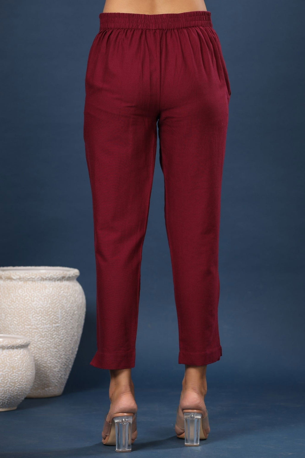 Juniper Burgundy Solid Cotton Flex Slim Fit Women Pants With Two Pockets - Distacart