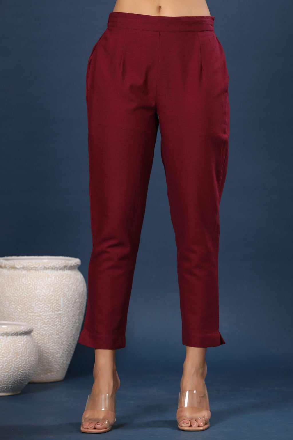 Juniper Burgundy Solid Cotton Flex Slim Fit Women Pants With Two Pockets - Distacart