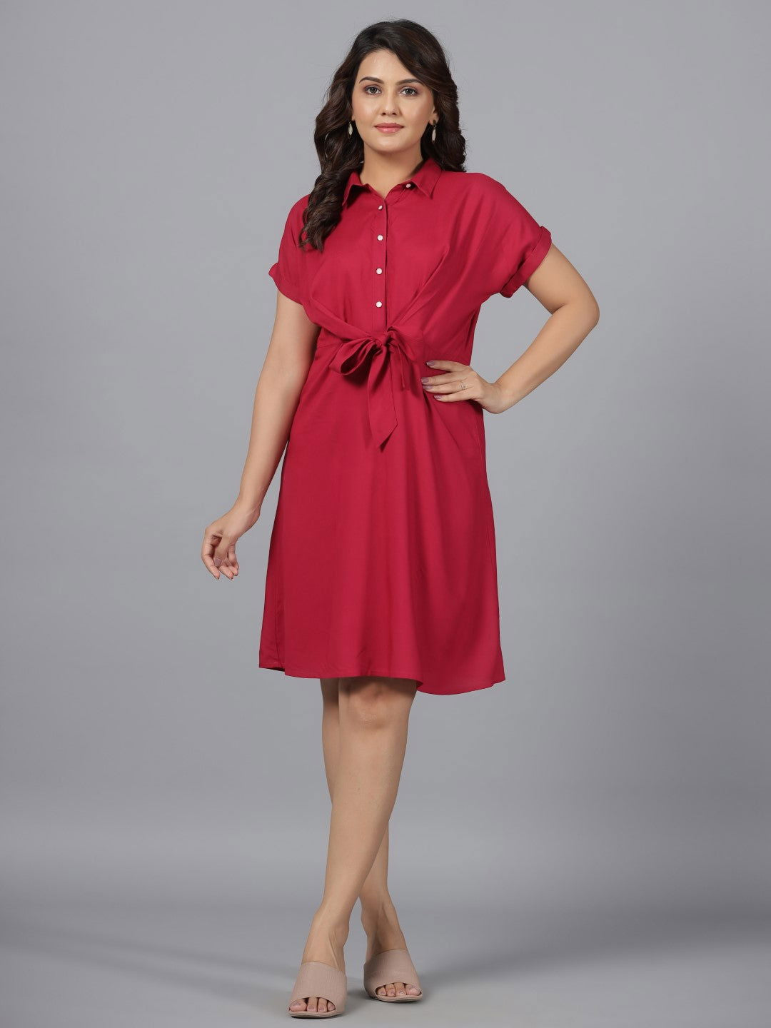 Juniper Fuchsia Solid Rayon A-Line Short Fusion Dress With Front Tie-Up - Distacart