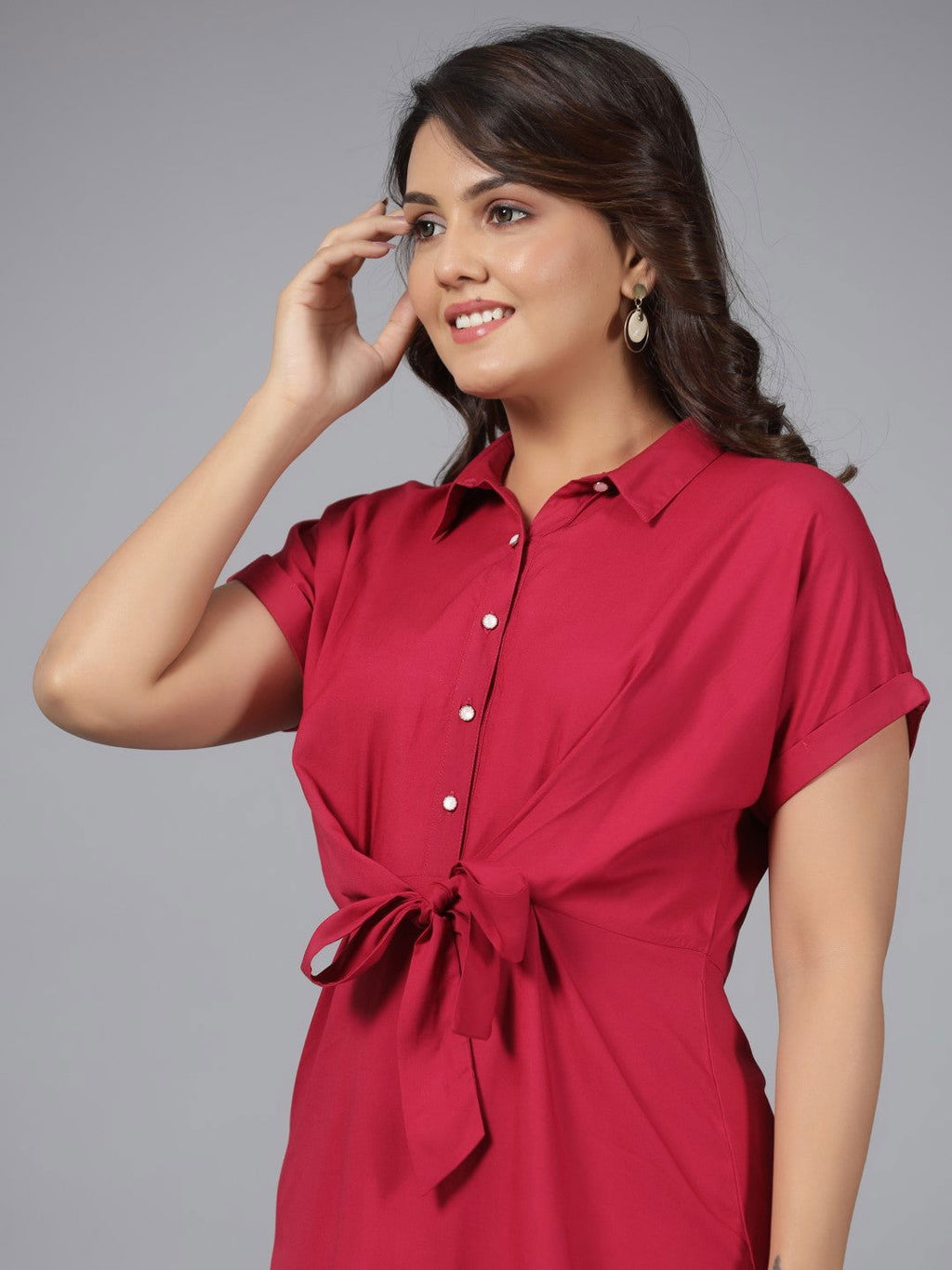 Juniper Fuchsia Solid Rayon A-Line Short Fusion Dress With Front Tie-Up - Distacart