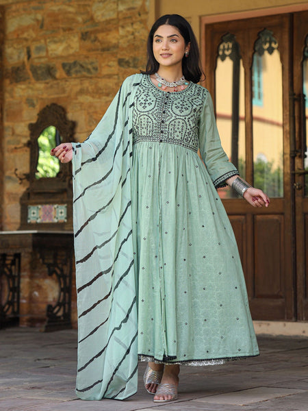 Juniper Women's Green & Black Cotton Embroidered Anarkali Dress With Jacket & Tie-Dye Dupatta
