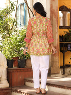 Juniper Women Ikat Printed & Embroidered Green Cotton Voile Peplum Tunic