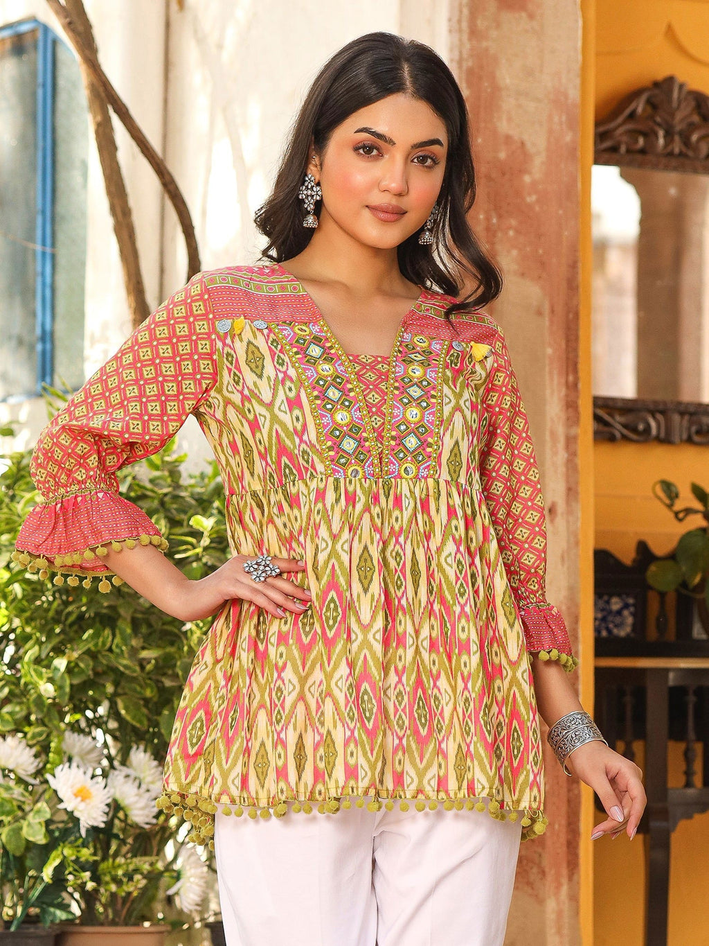 Juniper Women Ikat Printed & Embroidered Green Cotton Voile Peplum Tunic