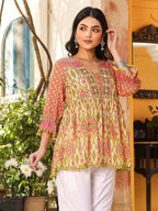 Juniper Women Ikat Printed & Embroidered Green Cotton Voile Peplum Tunic