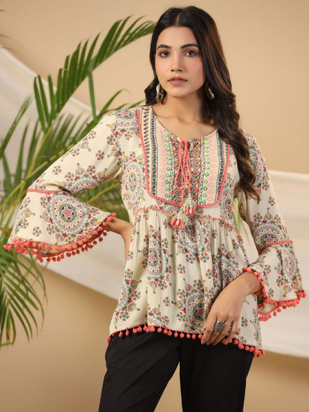 Juniper Women's Green Ethnic Motif Printed Rayon Crepe Tunic With Beads Work