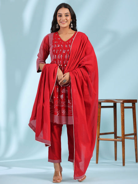 Juniper Red Ethnic Motif Printed Cotton Voile Kurta With Pant & Dupatta With Pintucks At Front & Beadwork