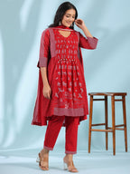 Juniper Red Ethnic Motif Printed Cotton Voile Kurta With Pant & Dupatta With Pintucks At Front & Beadwork - Distacart
