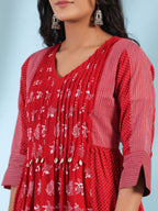 Juniper Red Ethnic Motif Printed Cotton Voile Kurta With Pant & Dupatta With Pintucks At Front & Beadwork - Distacart