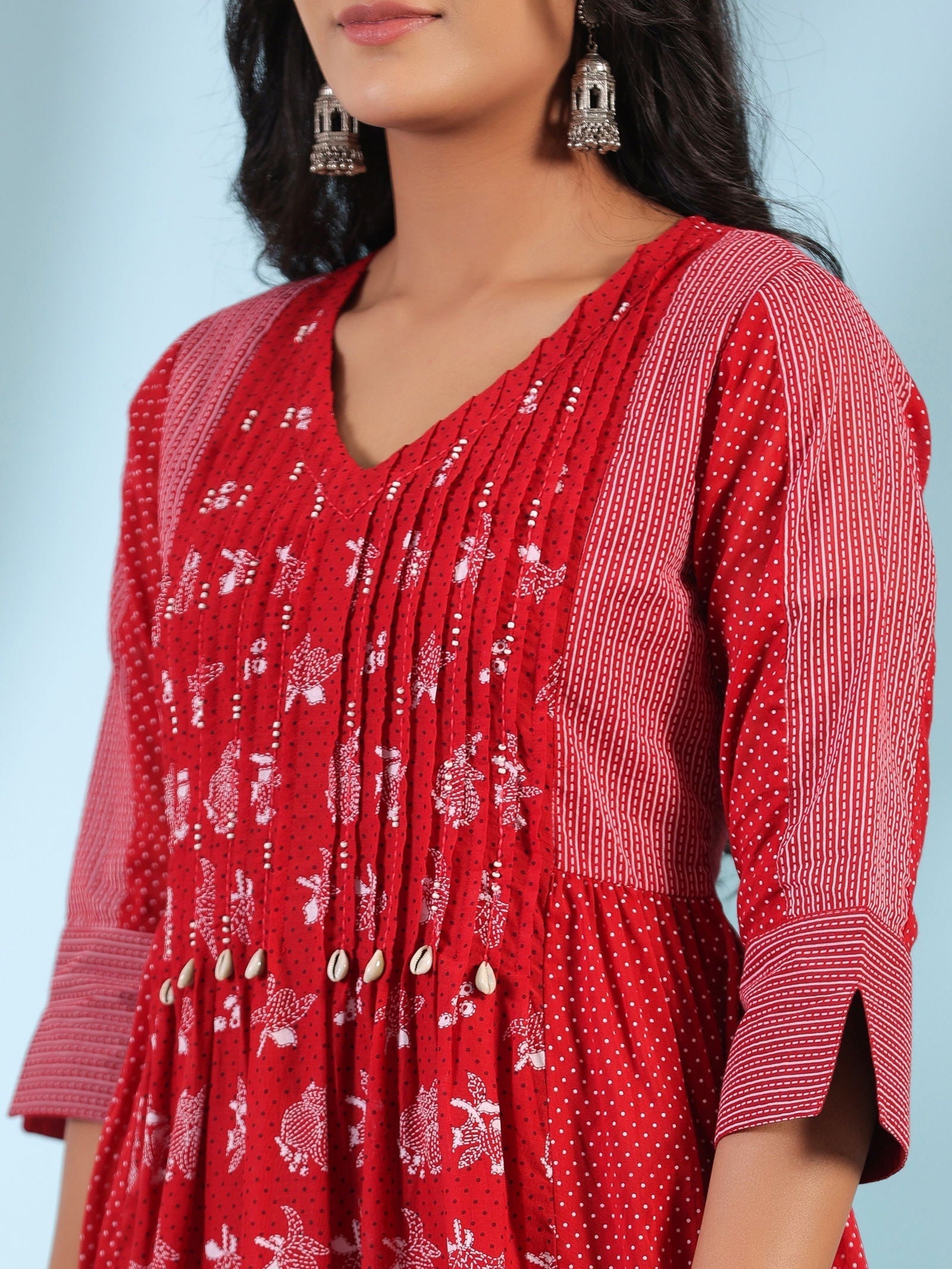 Juniper Red Ethnic Motif Printed Cotton Voile Kurta With Pant & Dupatta With Pintucks At Front & Beadwork - Distacart