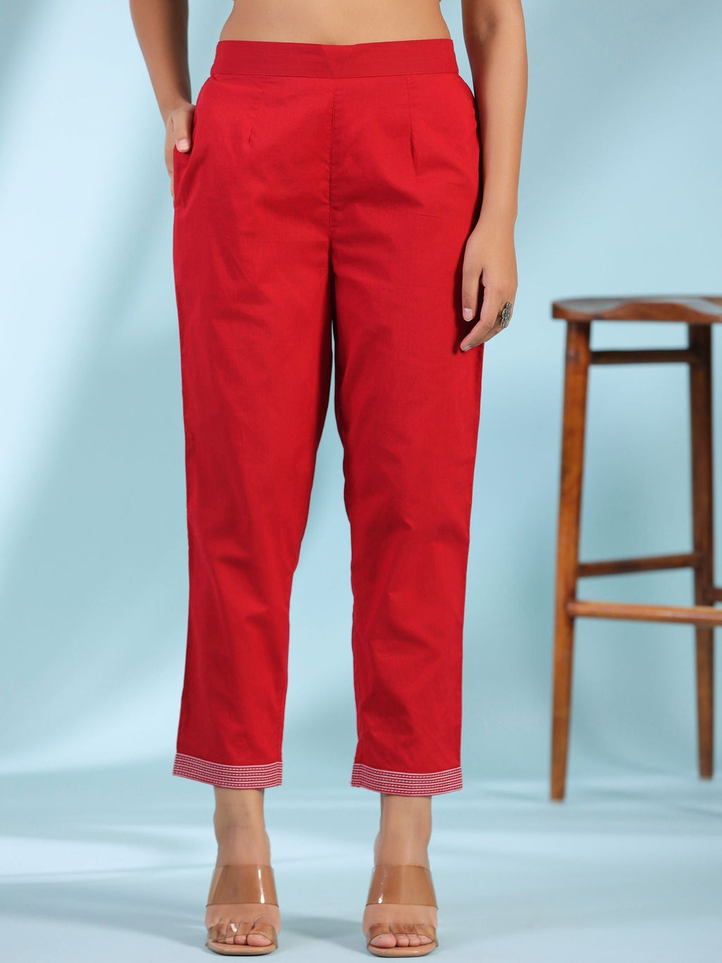 Juniper Red Ethnic Motif Printed Cotton Voile Kurta With Pant & Dupatta With Pintucks At Front & Beadwork - Distacart