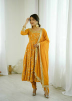 Teeya Creation Yellow Color Heavy Faux Georgette Embroidery Work Gown - Distacart