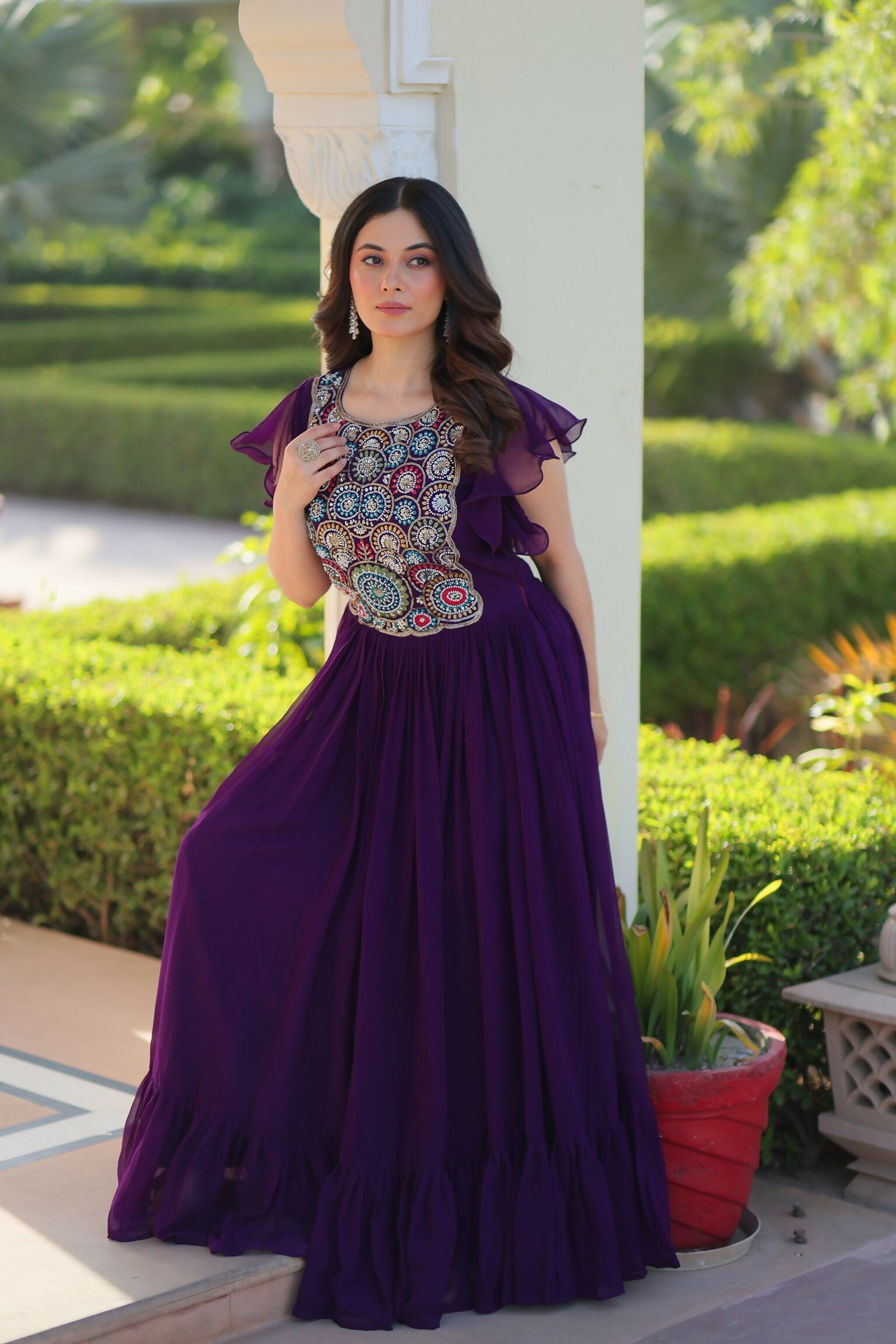 Joban Fashion Purple Georgette Sequence Embroidery Work Gown - Distacart
