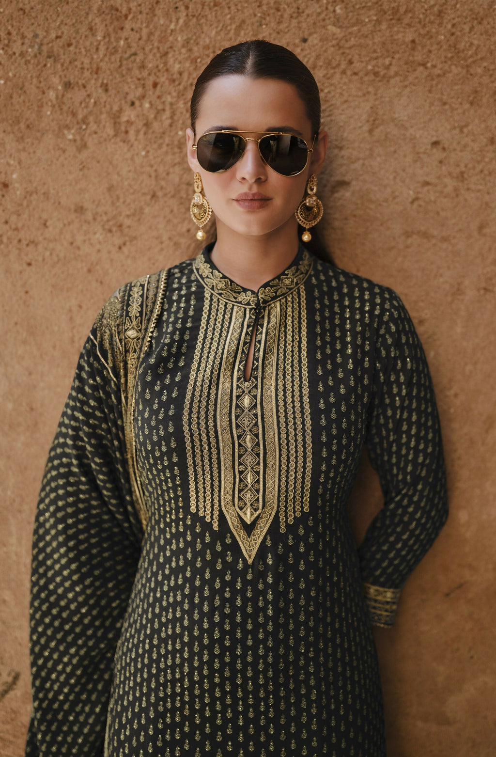 Anaita Black Silk Readymade Palazzo Suit with Swarovski Work - Distacart