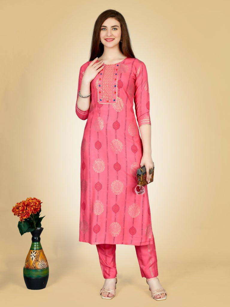 Jyoti Fashion Women's Pink Viscose Rayon Embroidered Kurta Pant Set