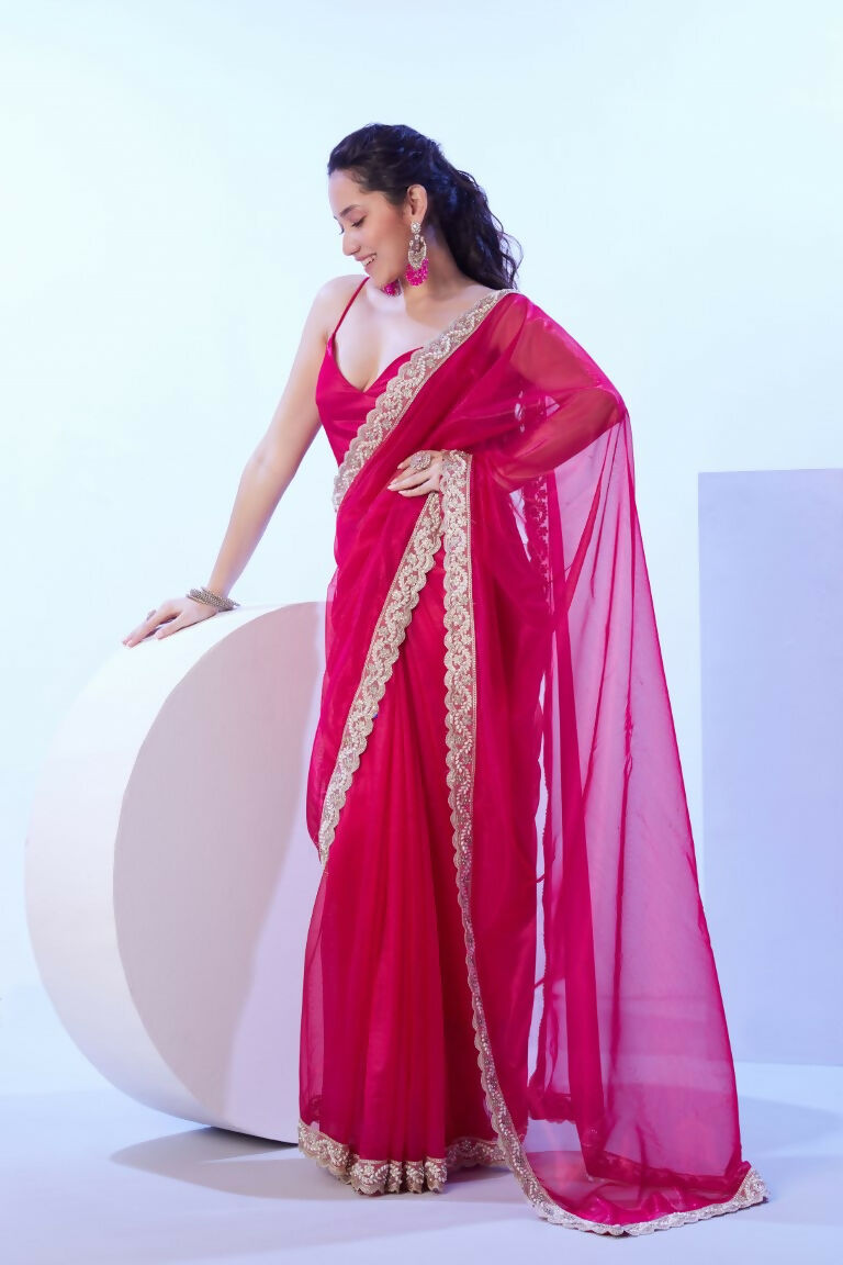 Pink C/H Net Solid Designer & Lace Work Saree - Samaa