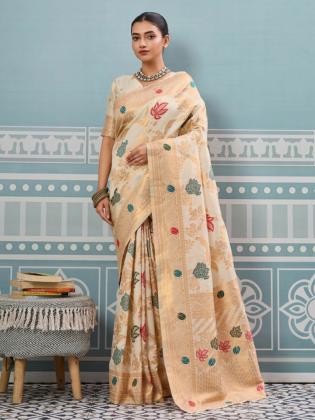 Shree Shyam Fashion Cream Silk Saree - Distacart