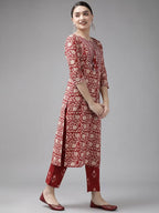 Yufta Maroon & Beige Ethnic Motifs Screen Print Cotton Straight Kurta Palazzo & Dupatta