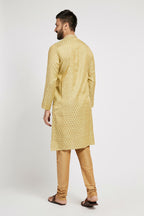 Ethnic India Green Men's Kurta Woven Design Polyester