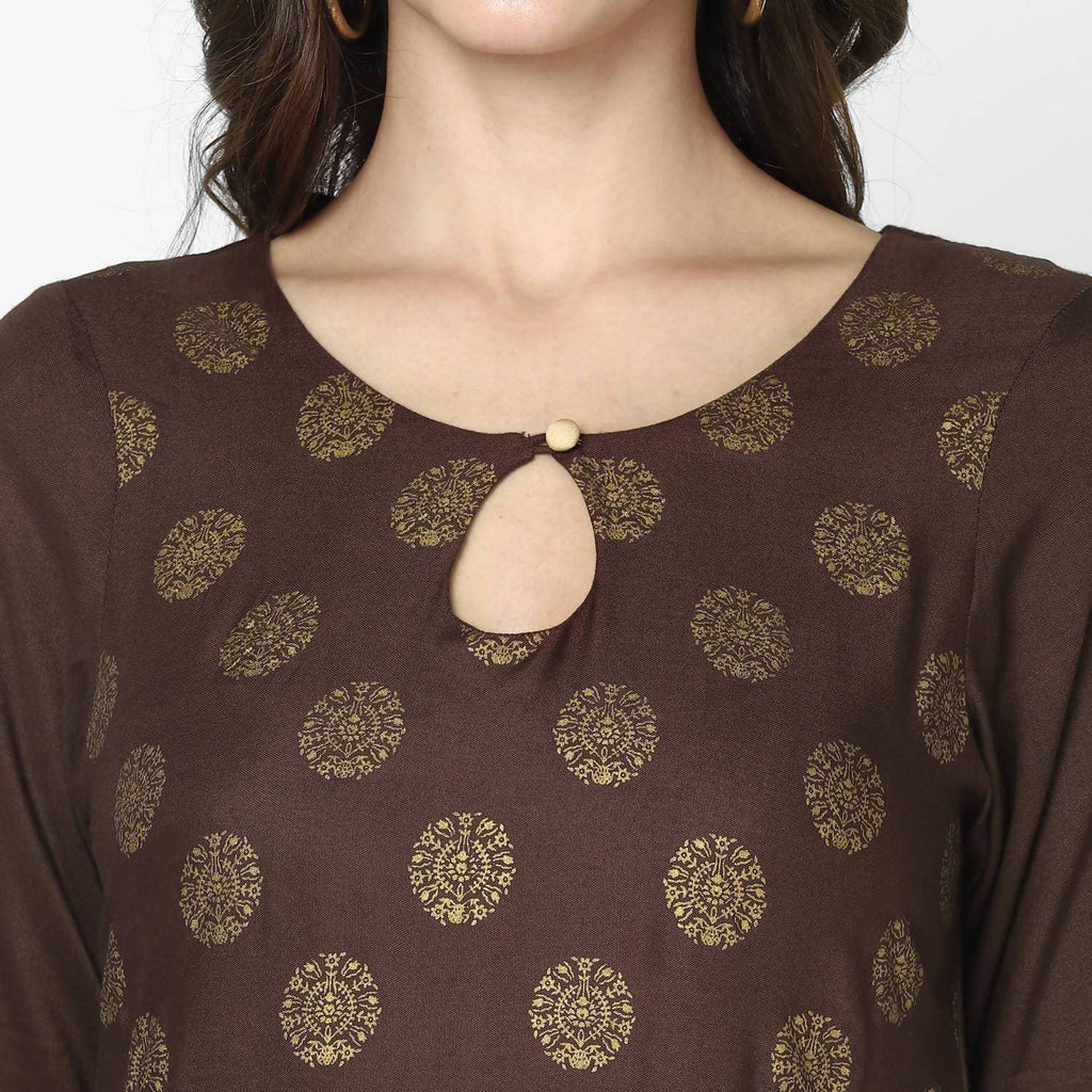 Cheera Hand Block Print Brown A Line Kurta (MAAI-055K)