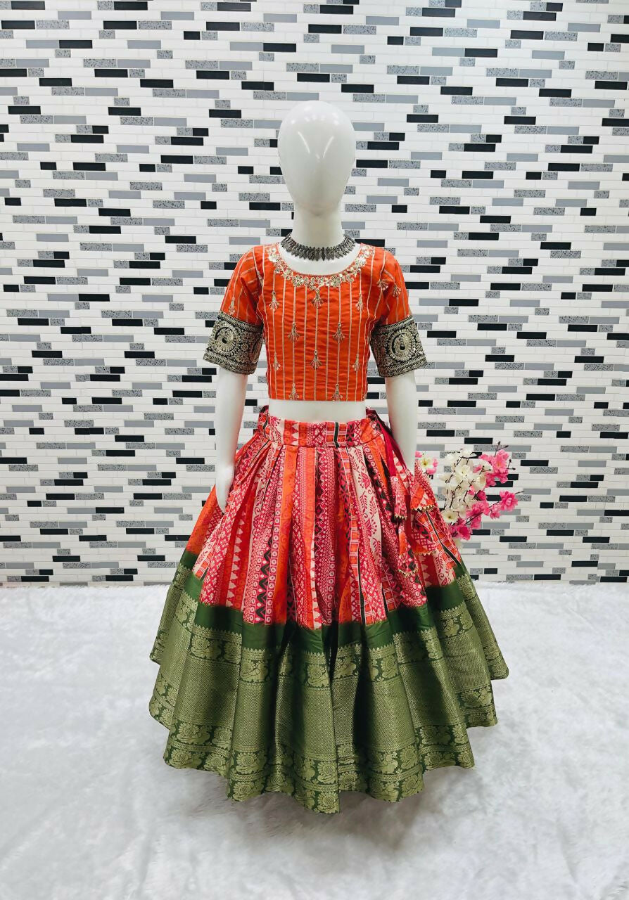Jyoti Fashion Gorgeous Orange Pure Kota Silk Print with Zari Woven Kids Lehenga Choli Set