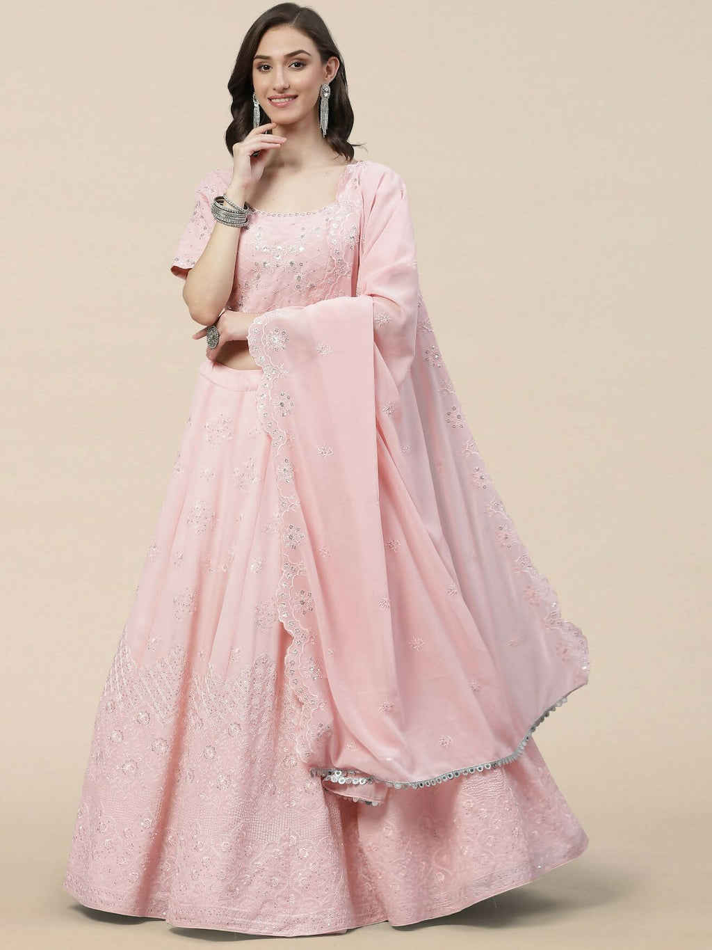 Pink Georgette Thread with Sequins Embroidered work Lehenga Choli with Dupatta - Jivika
