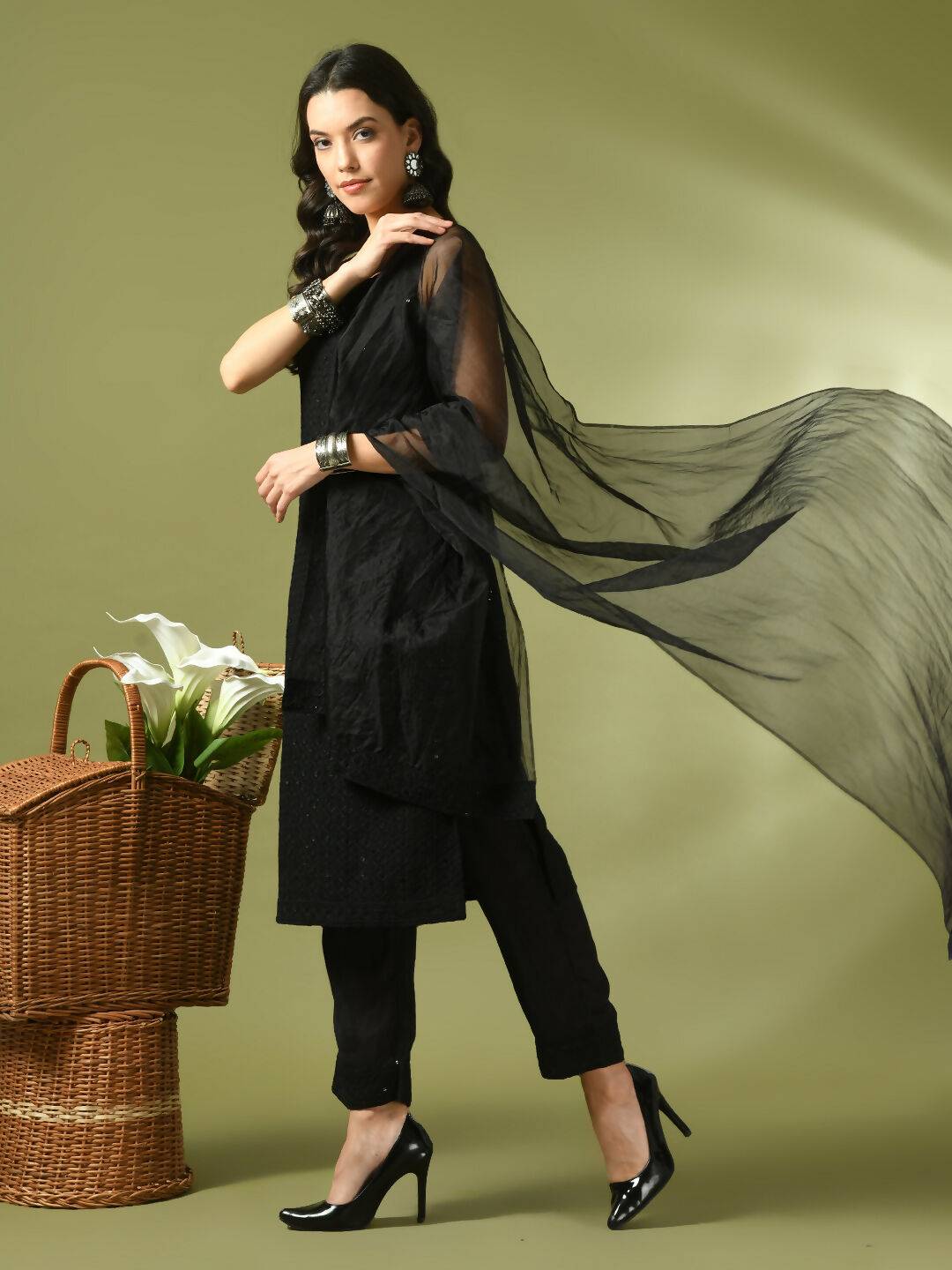 Myshka Women's Black Embroidered Cotton Straight Party Kurta Set With Dupatta