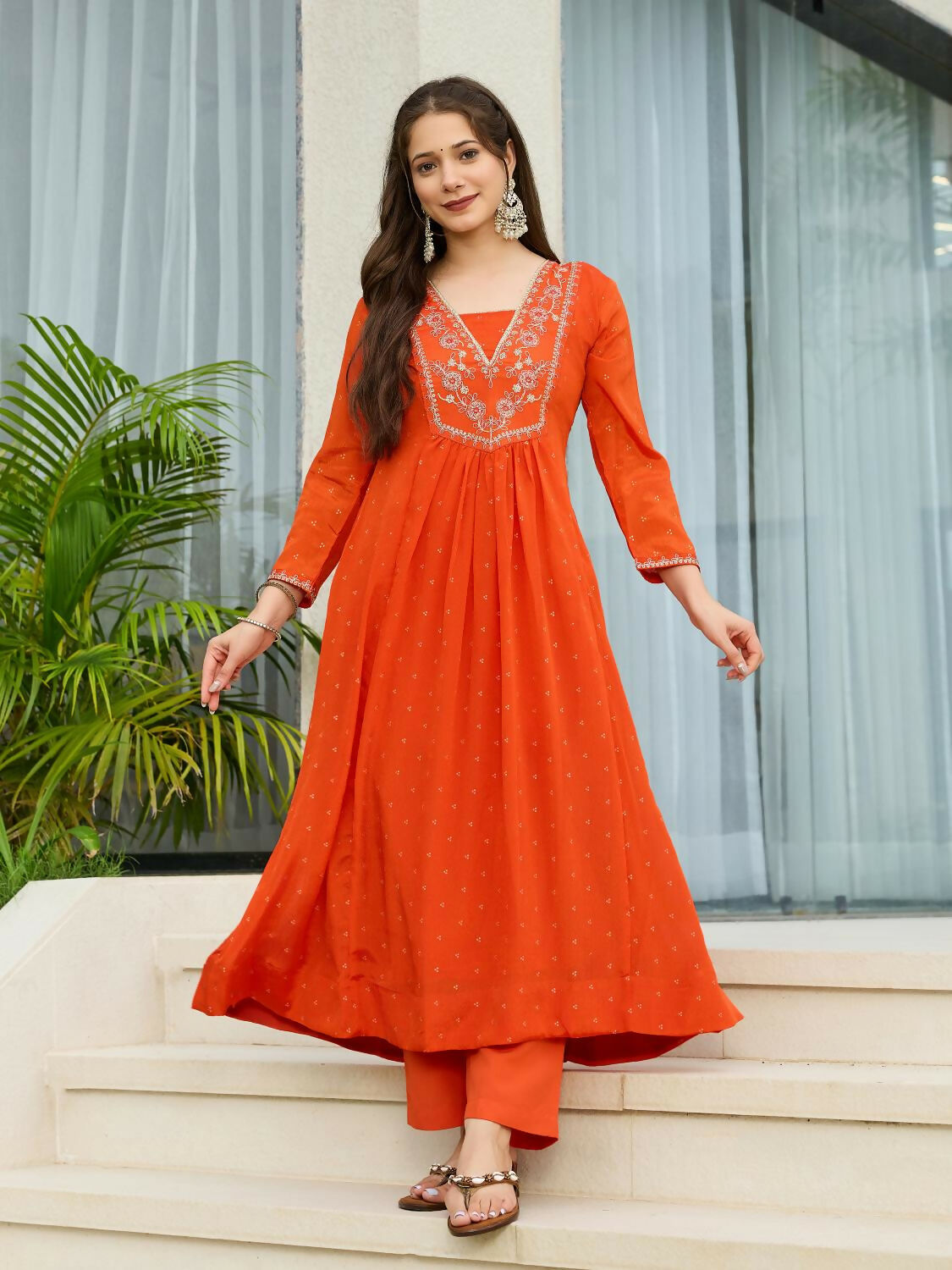 The52 Orange Women's Gorgeous Embroidered Chinon Fabric Flared Kurta Pant and Dupatta Set - Distacart