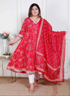 Miravan Plus Size Women'S Red Embroidered Anarkali Kurta And Dupatta  - Distacart