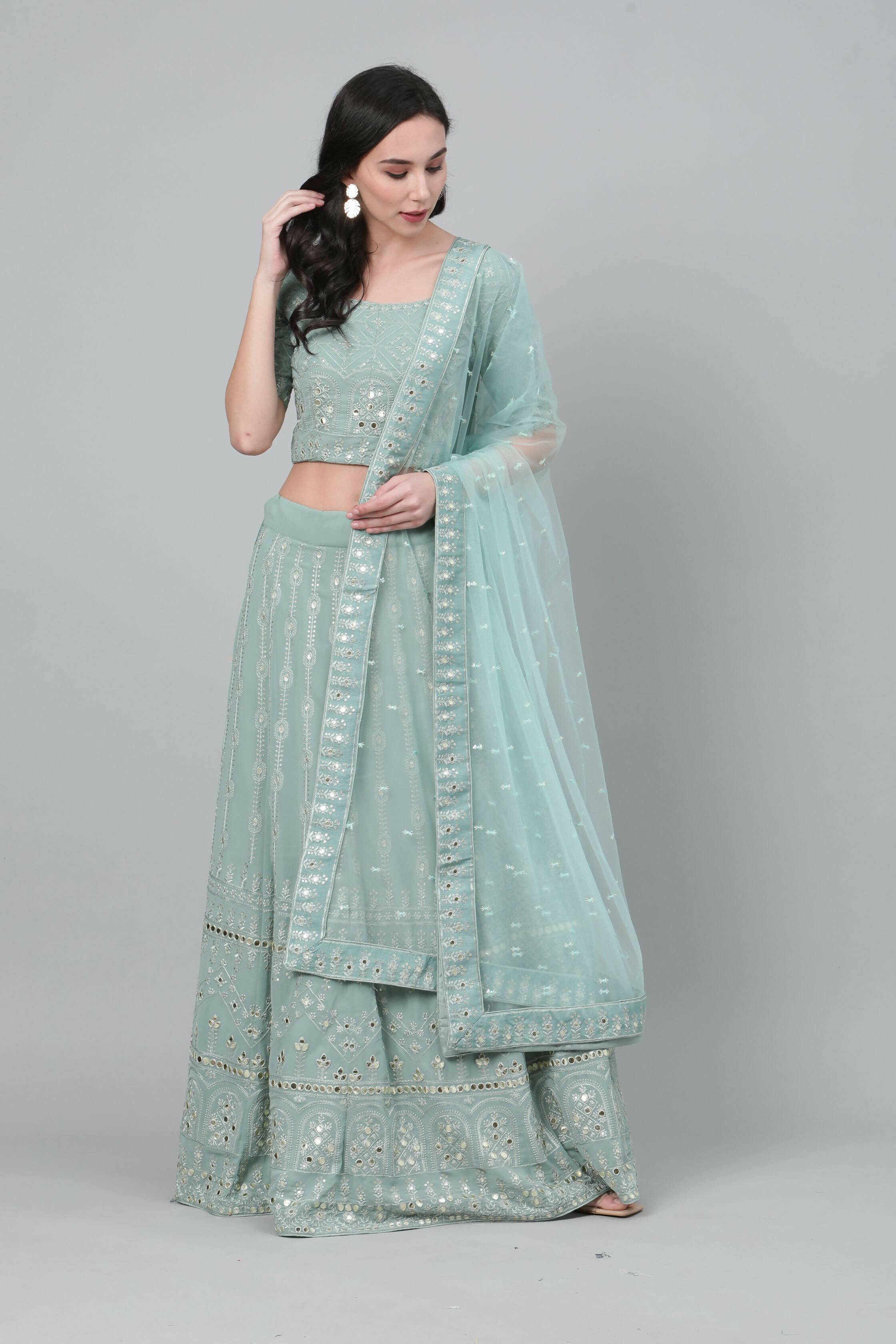 Dusty Green Georgette Sequins Embroidery with Mirror work Lehenga Choli with Dupatta - Jivika