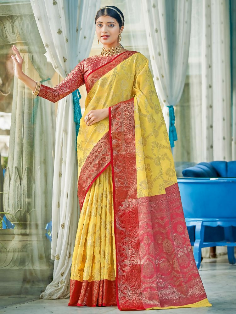 Shree Shyam Fashion Linen Cotton Yellow Saree - Distacart