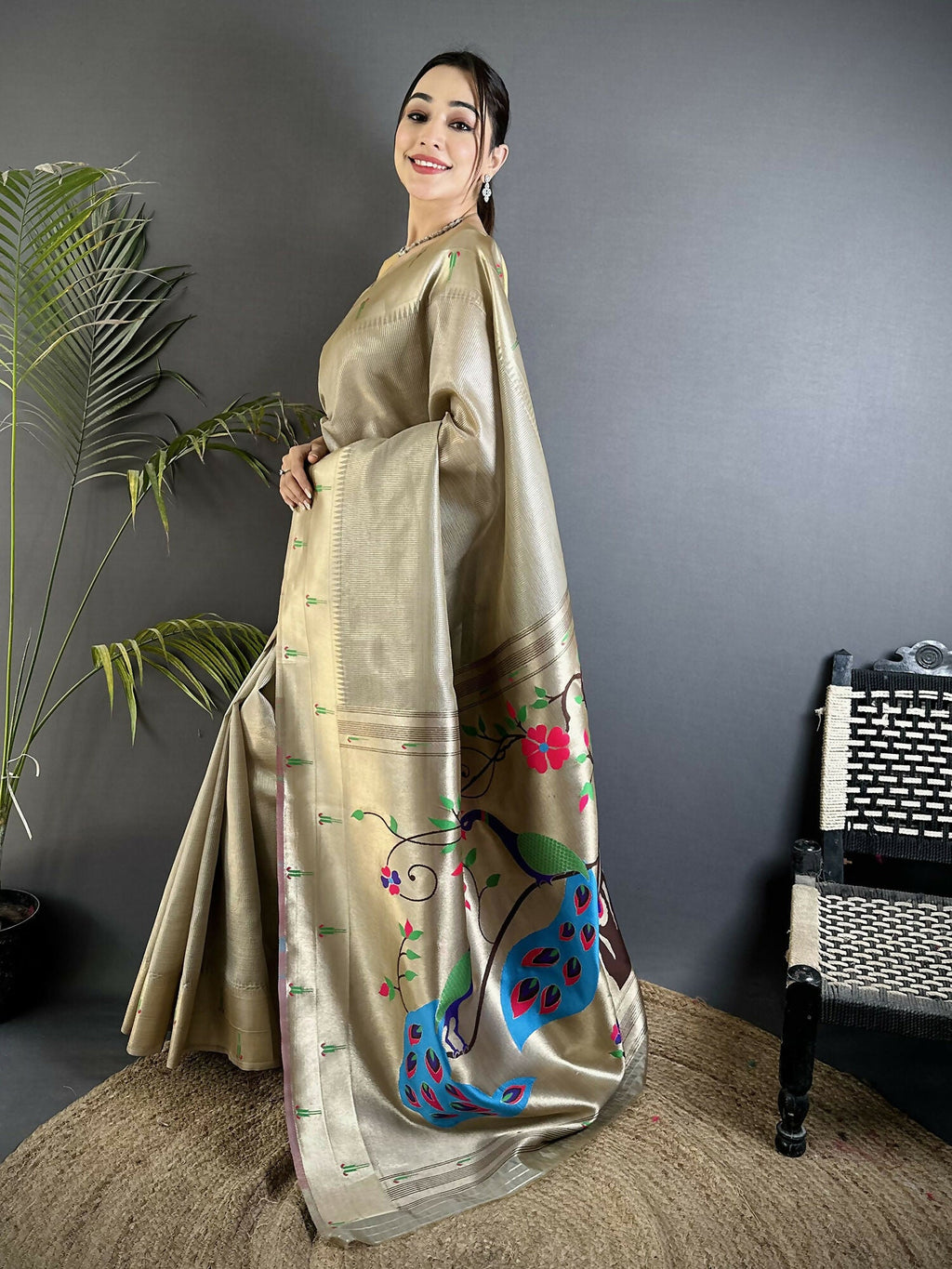 Joban Fashion Beige Peacock & Floral Motifs Tissue Paithani Saree