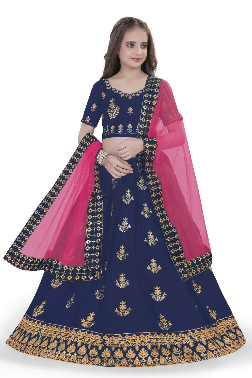 Dwiden Navy Blue Kamal Tafetta Sattin Semi-Stitched Girl's Lehenga Cholin Kamal Tafetta Sattin Semi-Stitched Girl's Lehenga Choli